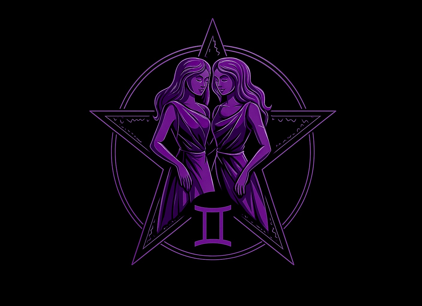 Purple Gemini zodiac twins standing side by side in front of a glowing pentagram on black background